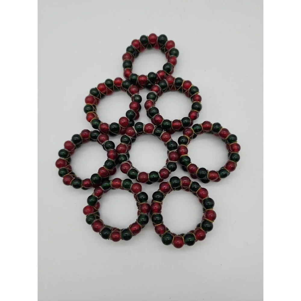 Kemp & Beatly set of 8 Christmas Red & Green Glass Beaded Napkin Ring Holders